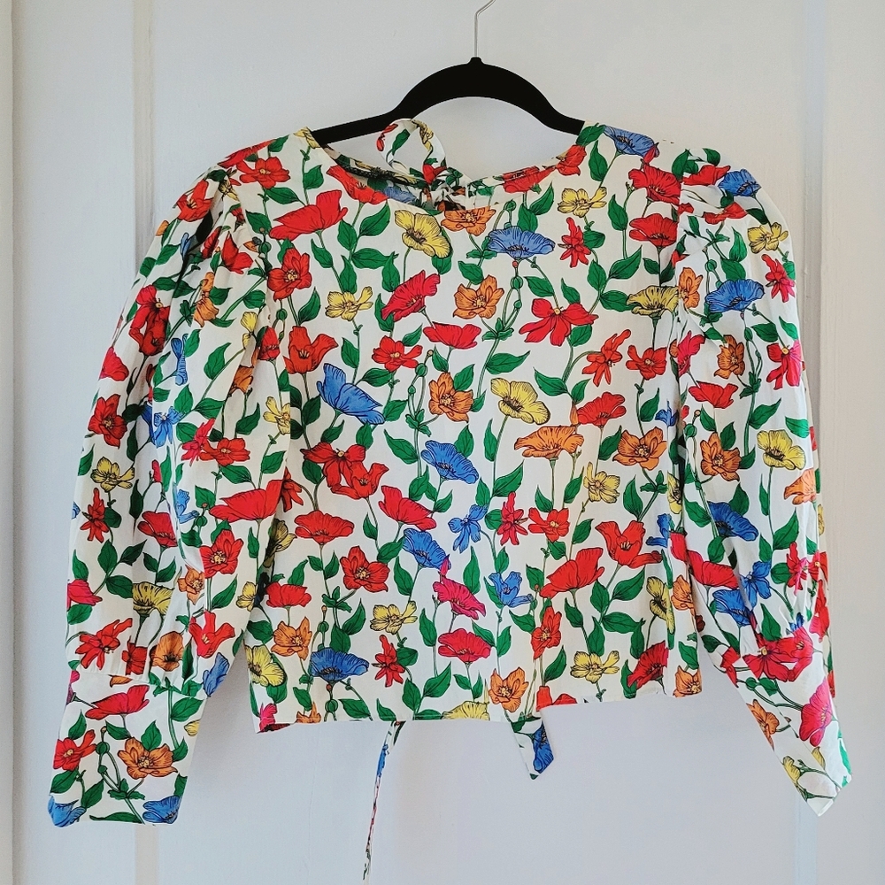 Zara Boxy Tie Back Puff Sleeve Shirt